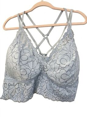 aerie Pale Blue Floral Lace Bralette with Crisscross Straps